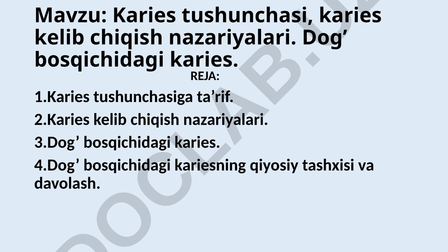 Karies tushunchasi, karies kelib chiqish nazariyalari. Dog’ bosqichidagi karies