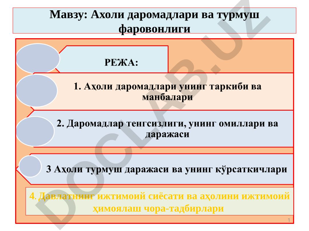 Ахоли даромадлари ва турмуш фаровонлиги. Давлатнинг ижтимоий сиёсати ва аҳолини ижтимоий ҳимоялаш чора-тадбирлари