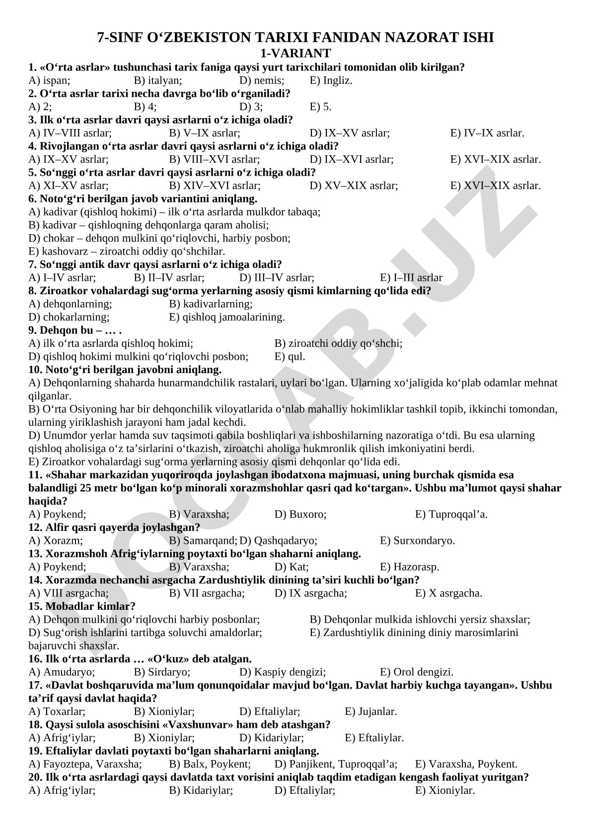 O‘zbekiston tarixi nazorat ishi