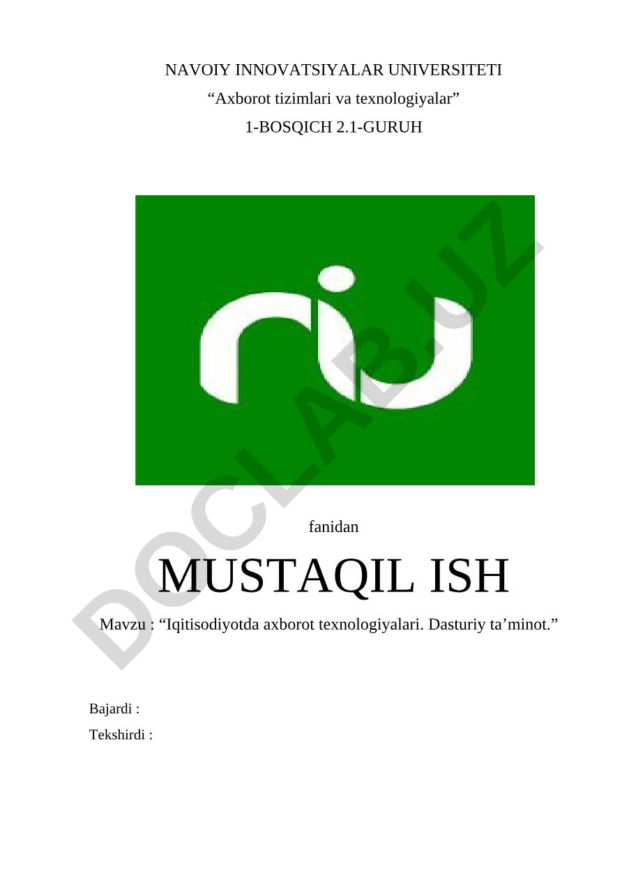 Iqtisodiyotda axborot texnologiyalari. Dasturiy ta’minot.
