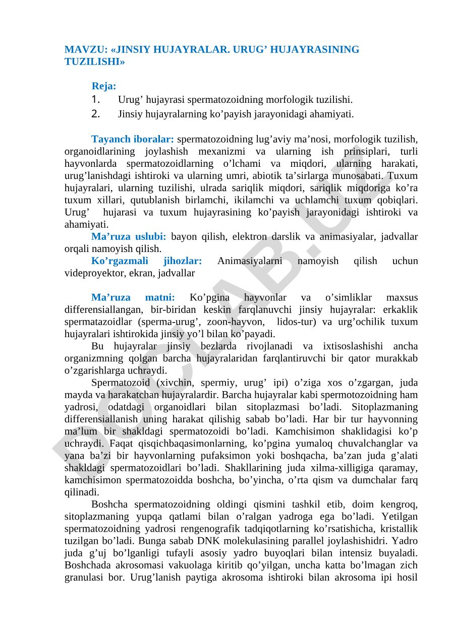 Jinsiy hujayralar. Urug’ hujayrasining tuzilishi