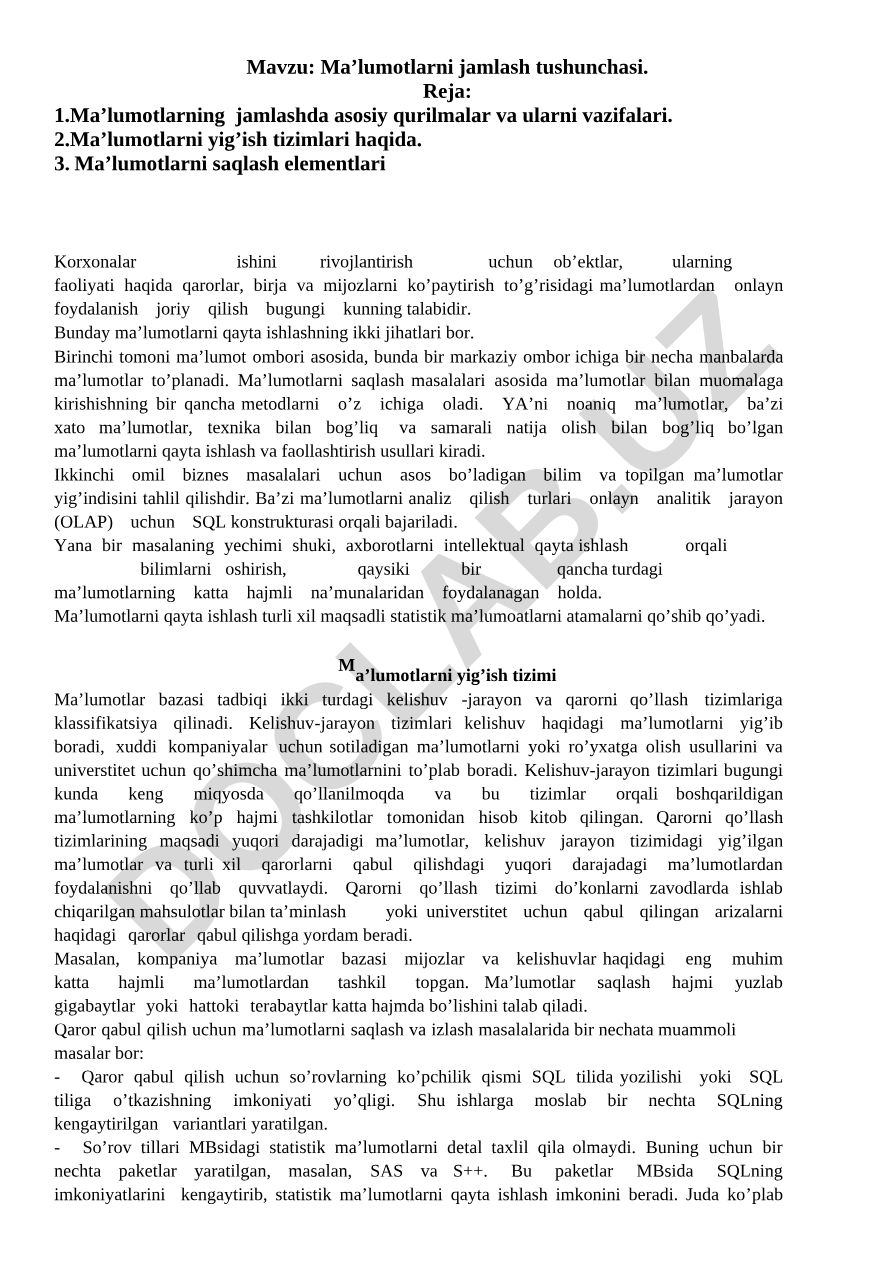 Ma’lumotlarni jamlash tushunchasi