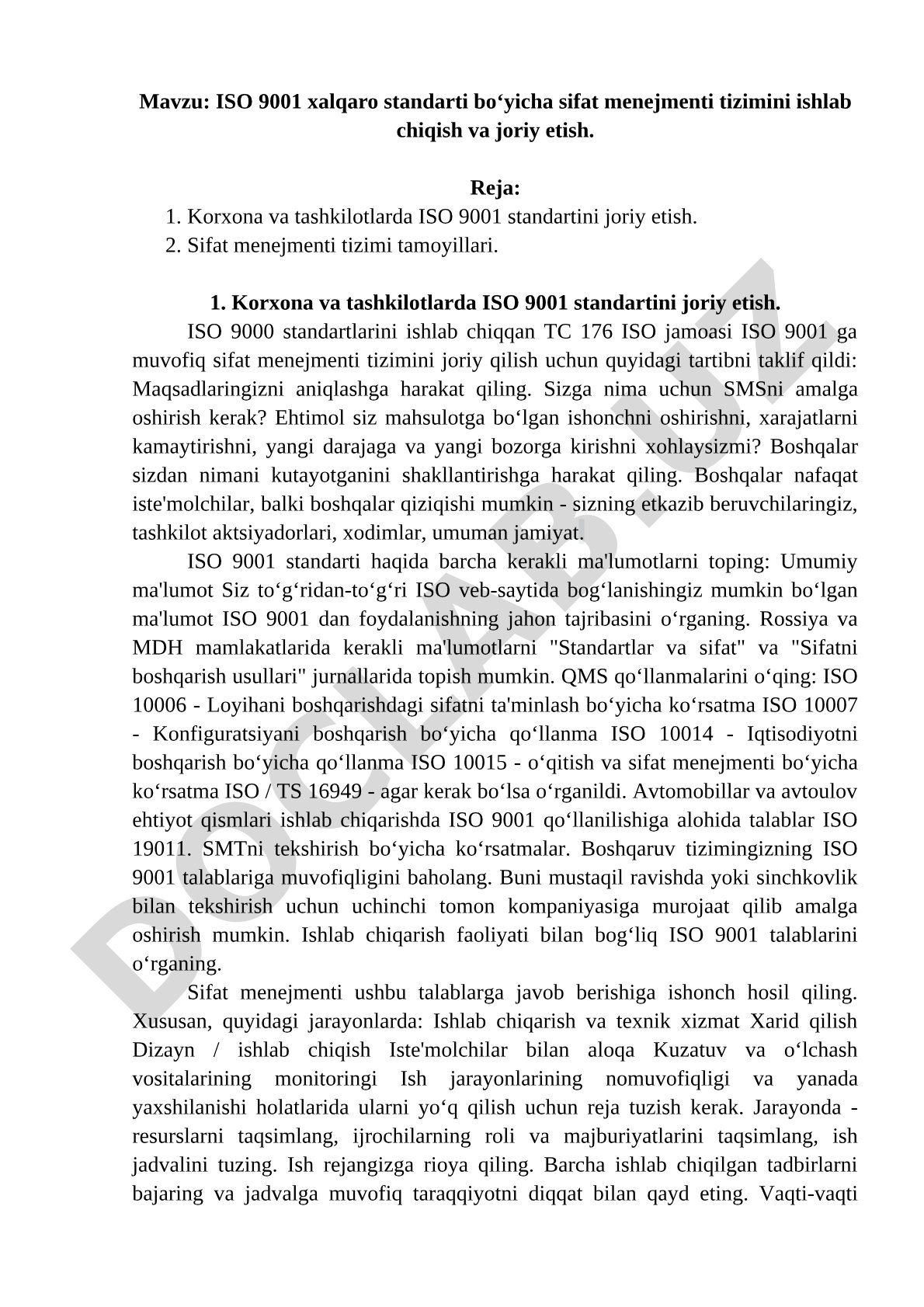 ISO 9001 xalqaro standarti bo‘yicha sifat menejmenti tizimini ishlab chiqish va joriy etish