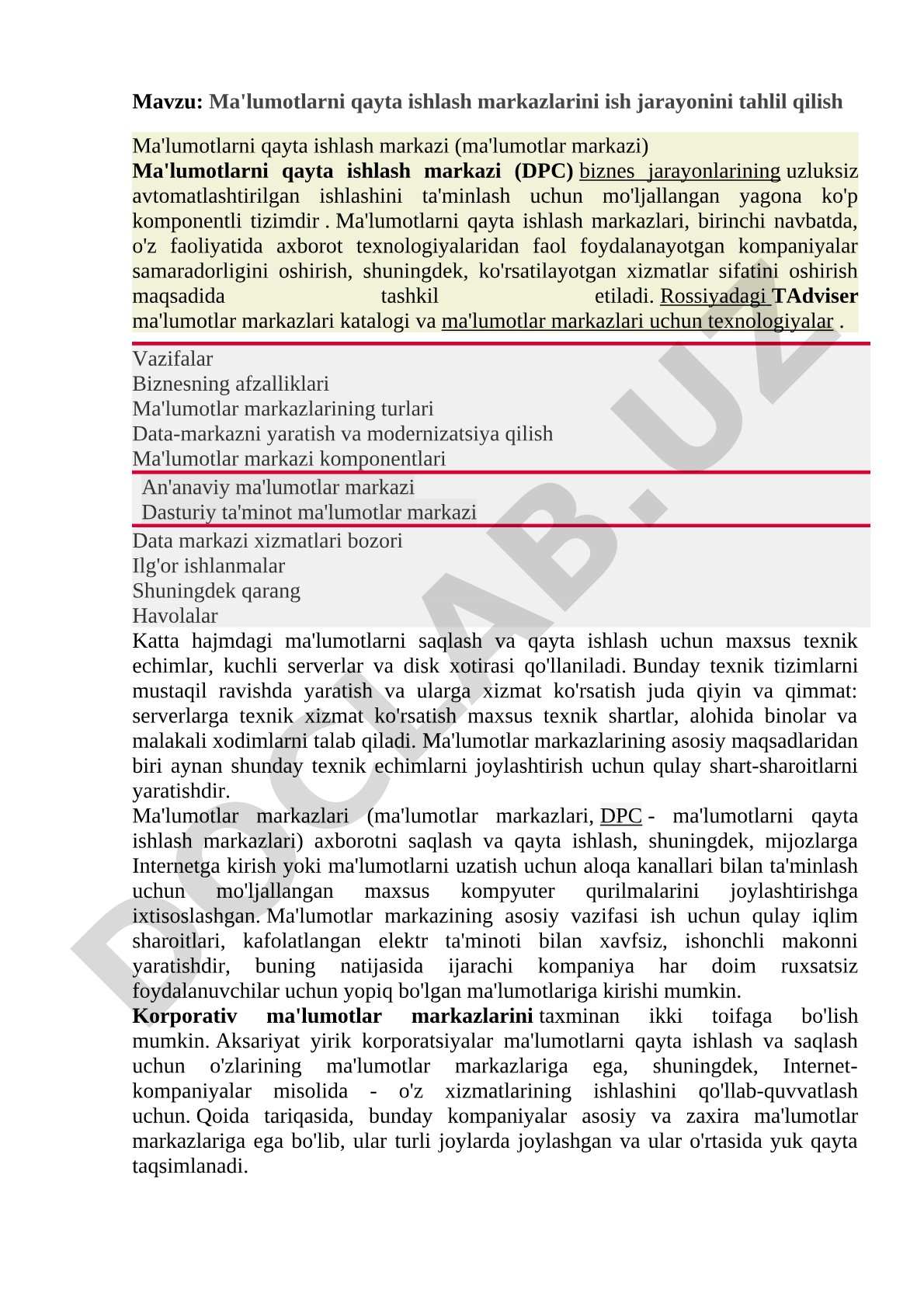 Ma'lumotlar markazi tahlili kurs ishi