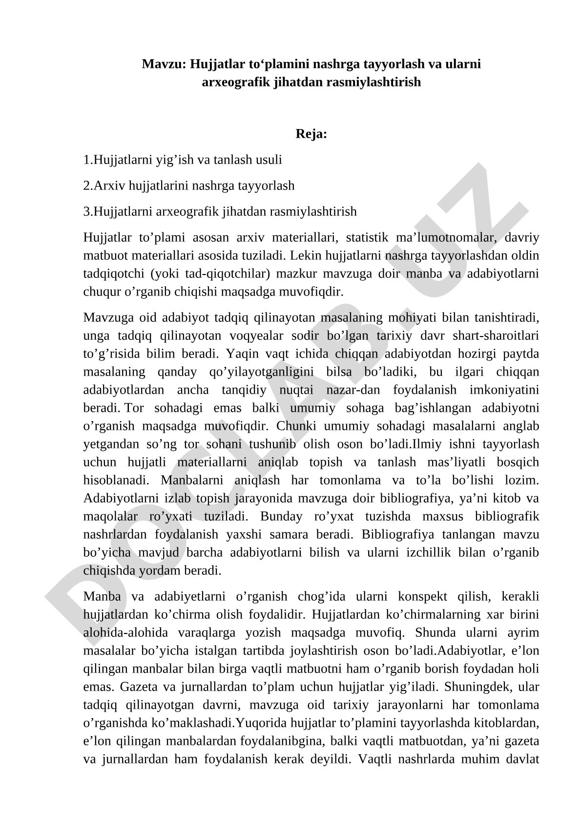 Arxeografik hujjatlar to'plami rejasi