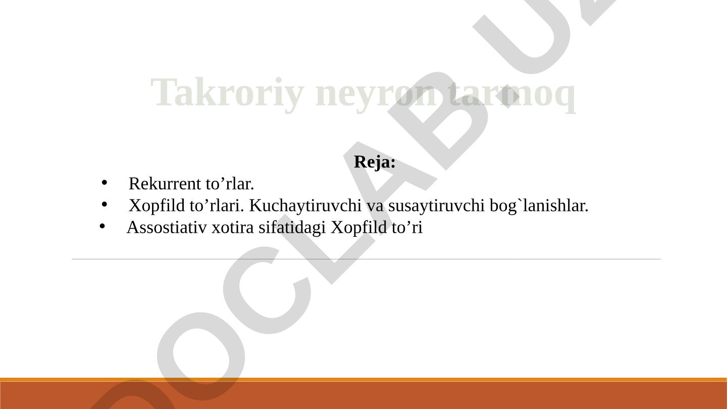 Rekurrent to'rlar va Xopfild to'rlari