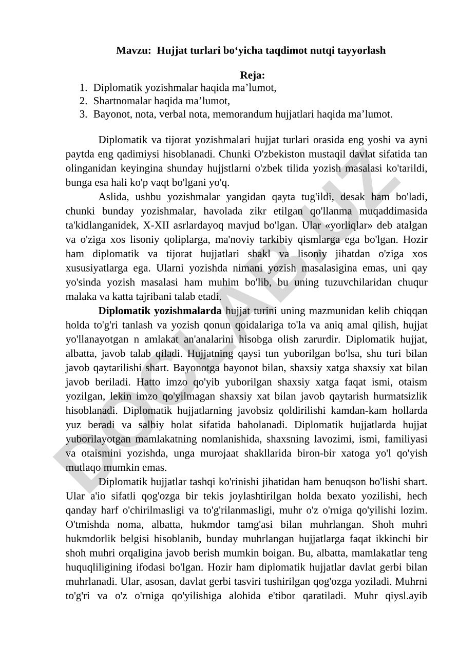 Hujjat turlari bo‘yicha taqdimot nutqi tayyorlash