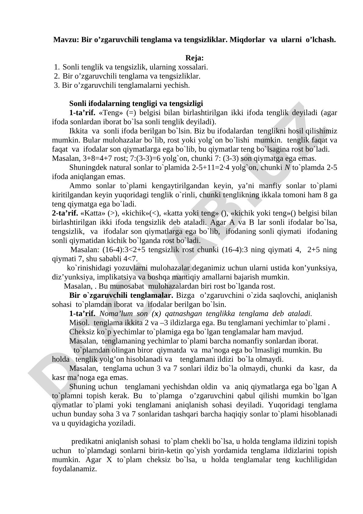 Bir o'zgaruvchili tenglama va tengsizliklar. Miqdorlar va ularni o'lchash