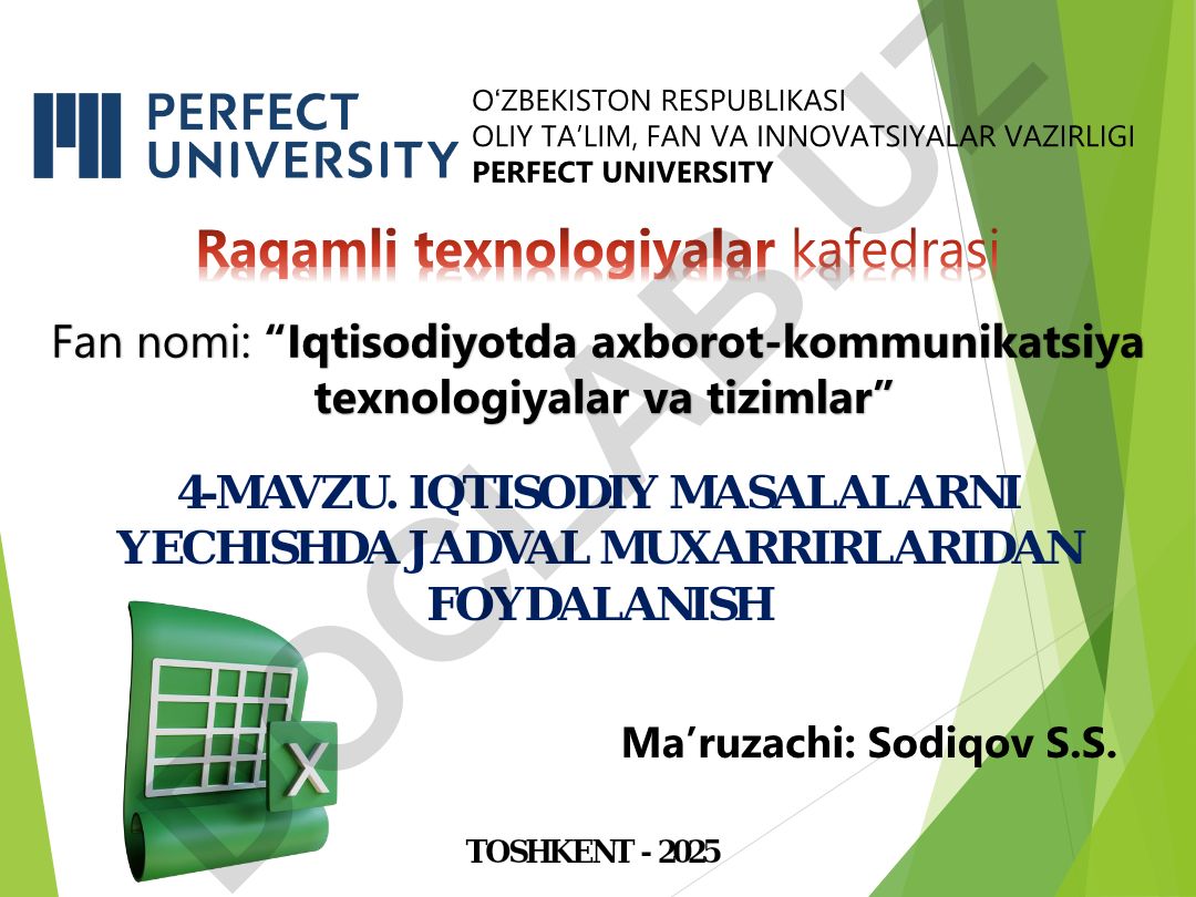 Iqtisodiy masalalarni yechishda jadval muxarrirlaridan foydalanish