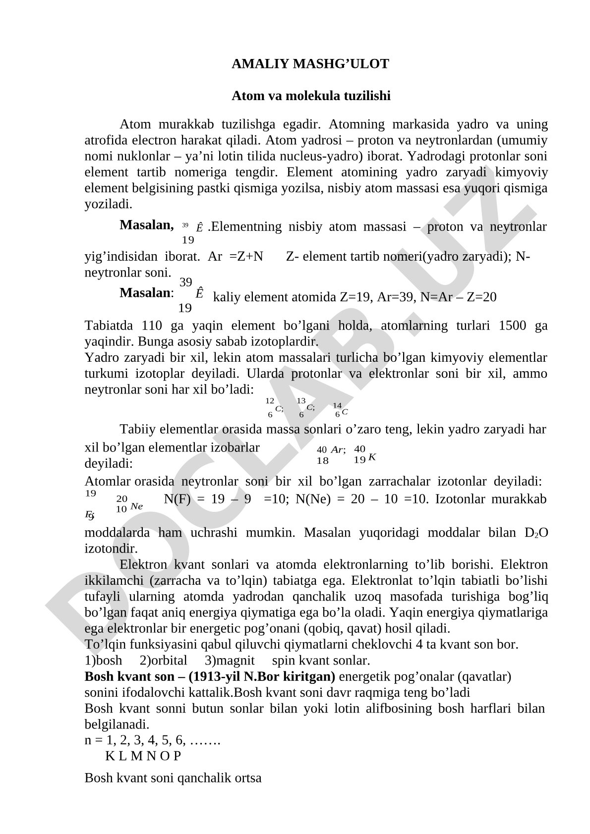 Atom tuzilishi amaliy mashg'uloti