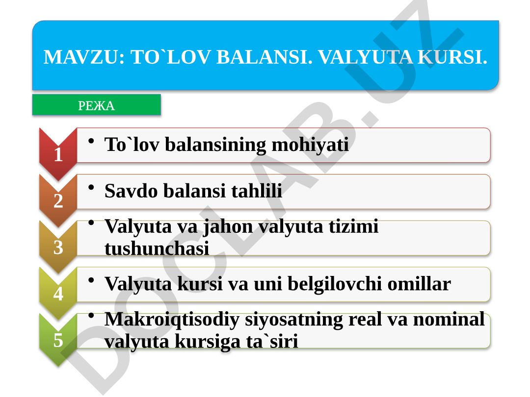 ТO`LOV BALANSI. VALYUTA KURSI