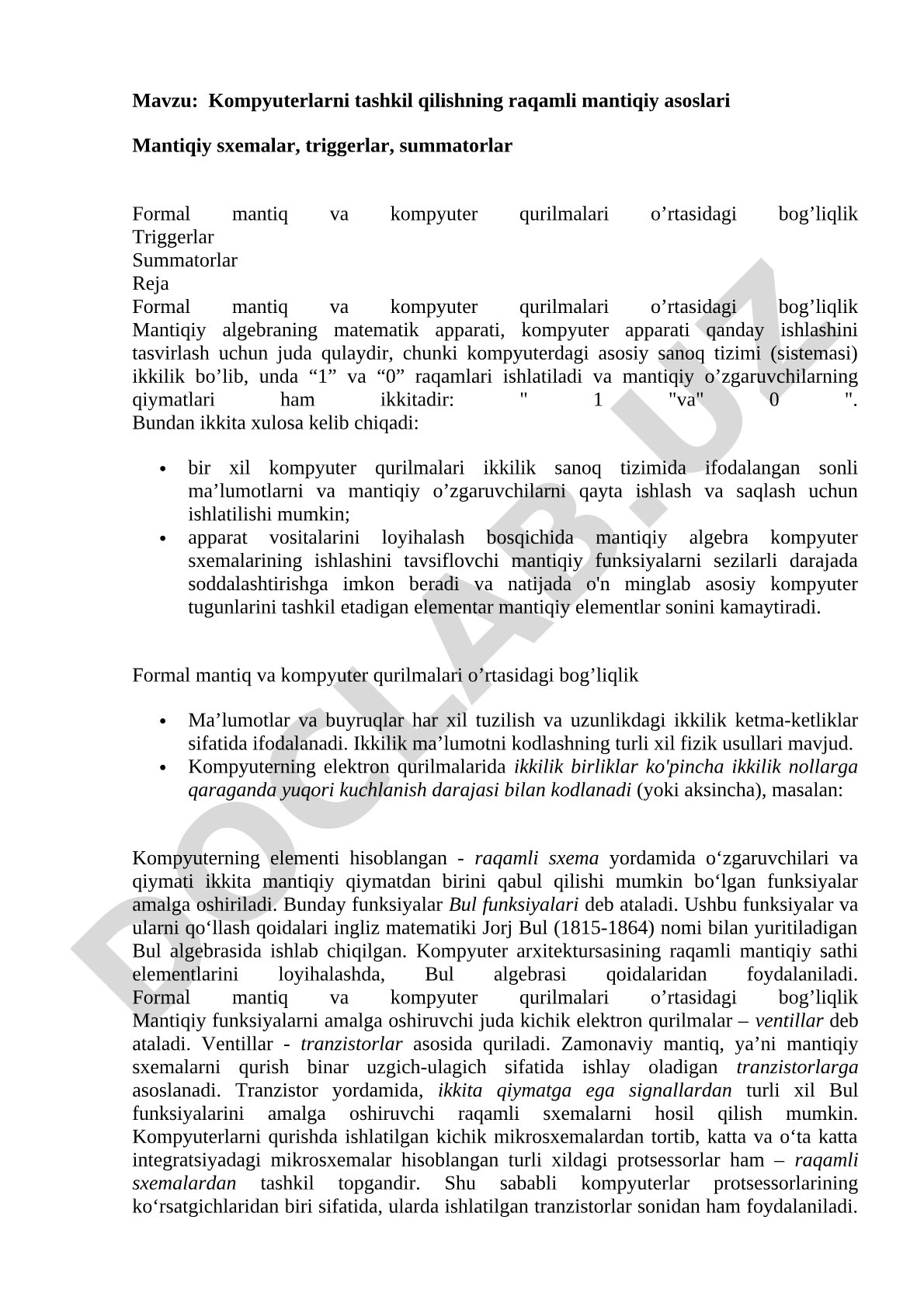 Kompyuter tashkiloti mantiqiy asoslari kurs ishi