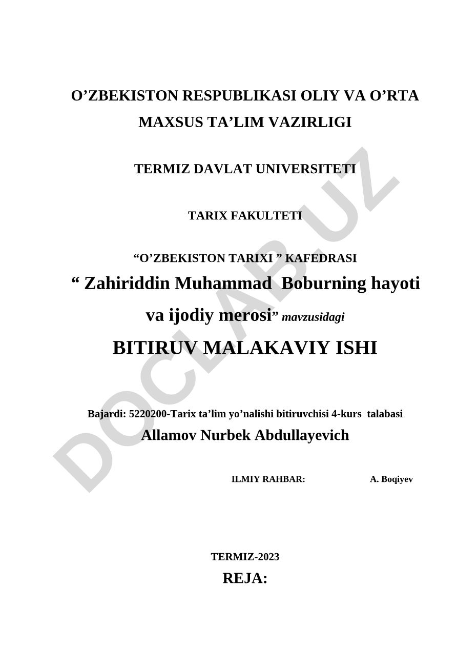 Zahiriddin Muhammad Boburning hayoti va ijodiy merosi