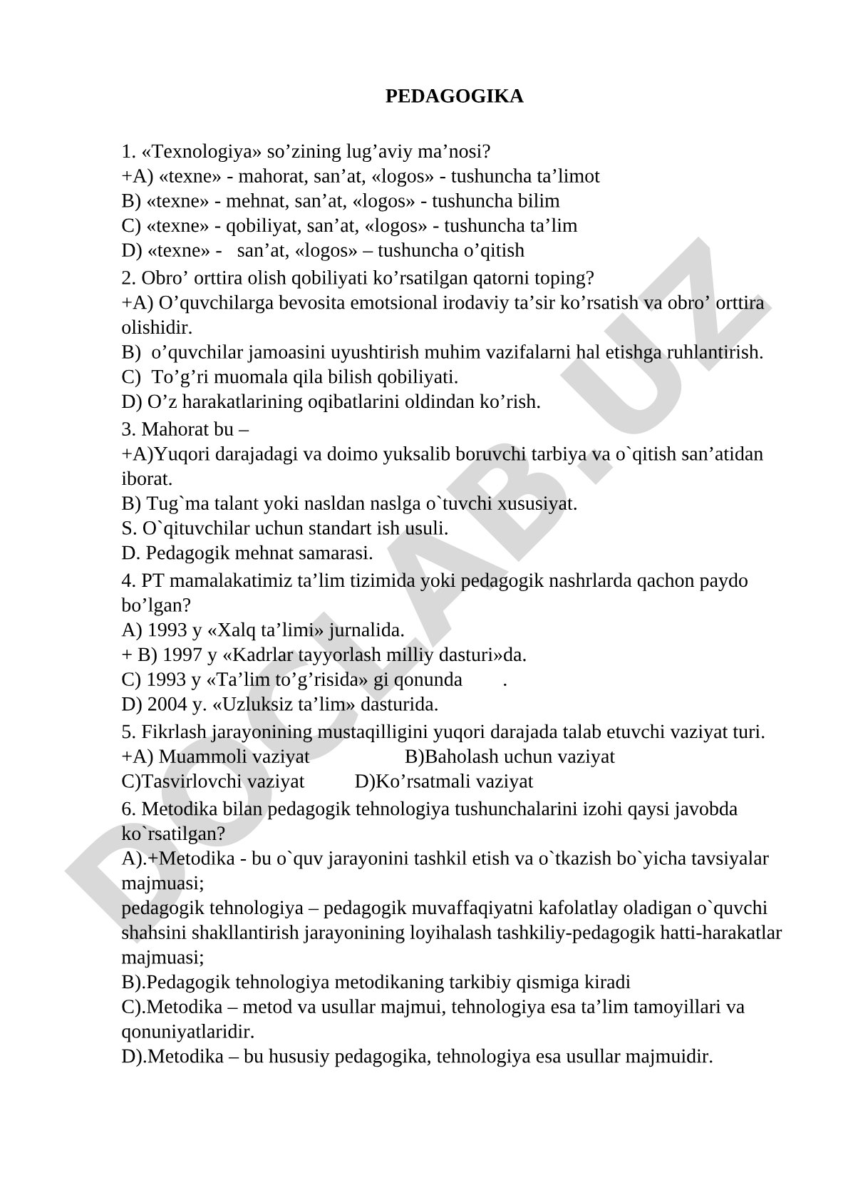 Pedagogika test savollari hujjati