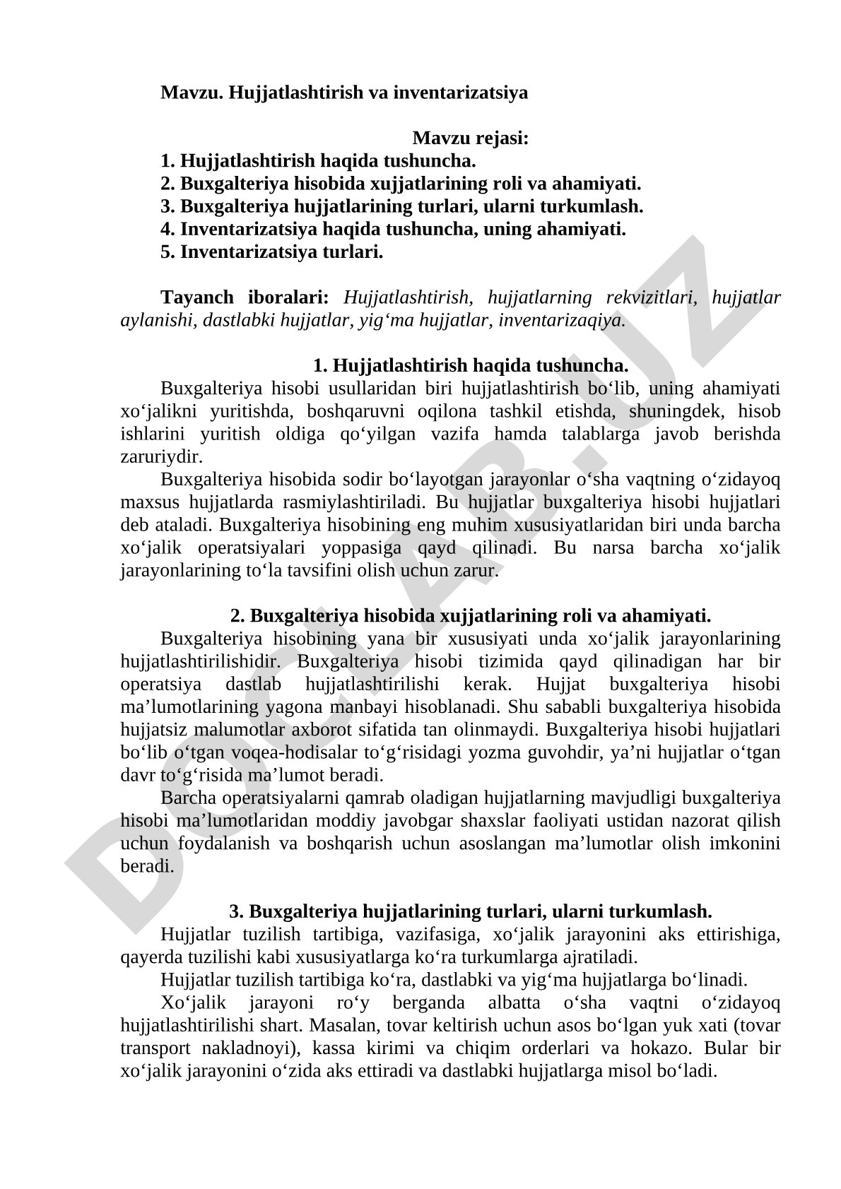 Buxgalteriya hujjatlashtirish va inventarizatsiya kurs ishi
