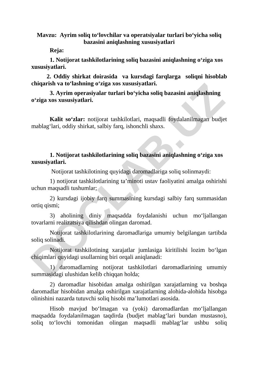 Ayrim soliq to‘lovchilar va operatsiyalar turlari bo‘yicha soliq bazasini aniqlashning xususiyatlari