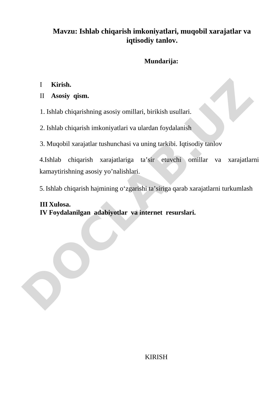 Ishlab chiqarish imkoniyatlari, muqobil xarajatlar va iqtisodiy tanlov