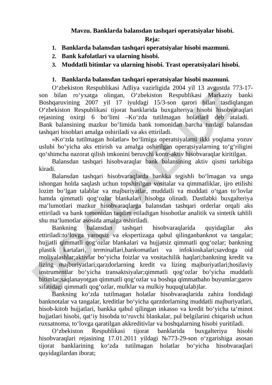 Banklarda balansdan tashqari operatsiyalar hisobi