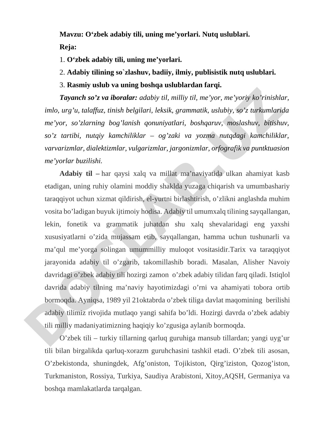 O‘zbek adabiy tili, uning me’yorlari. Nutq uslublari