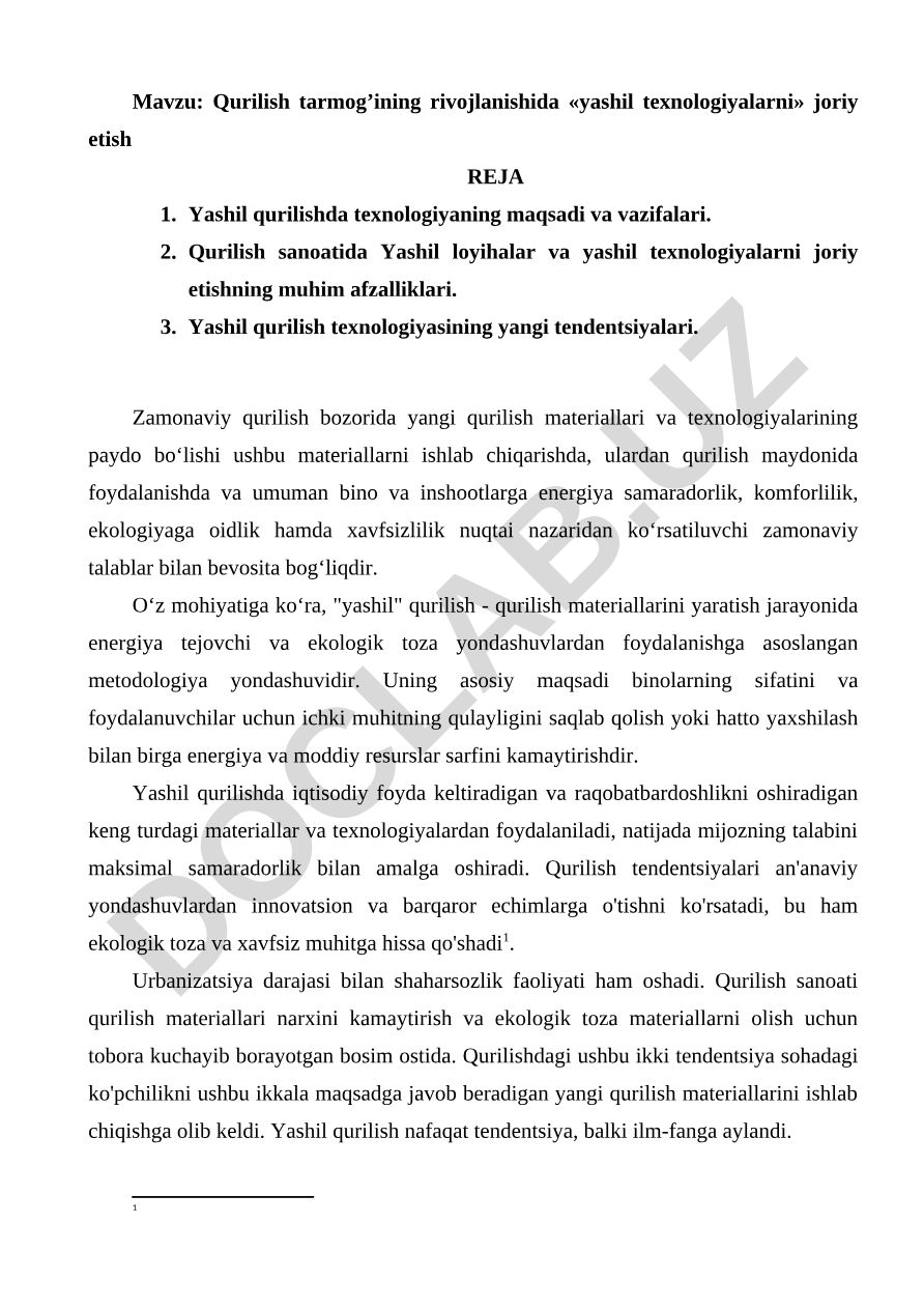 Qurilish tarmog’ining rivojlanishida «yashil texnologiyalarni» joriy etish