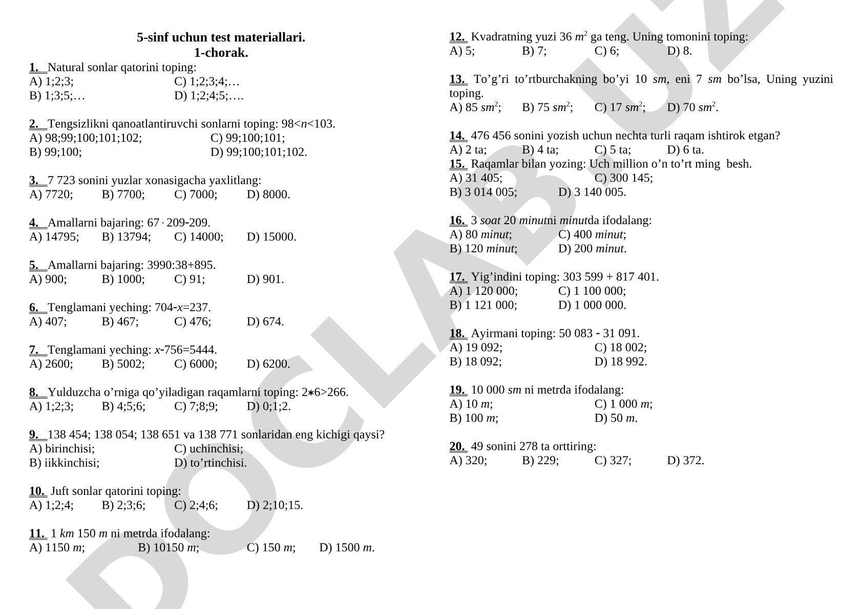 5-sinf matematika test materiallari