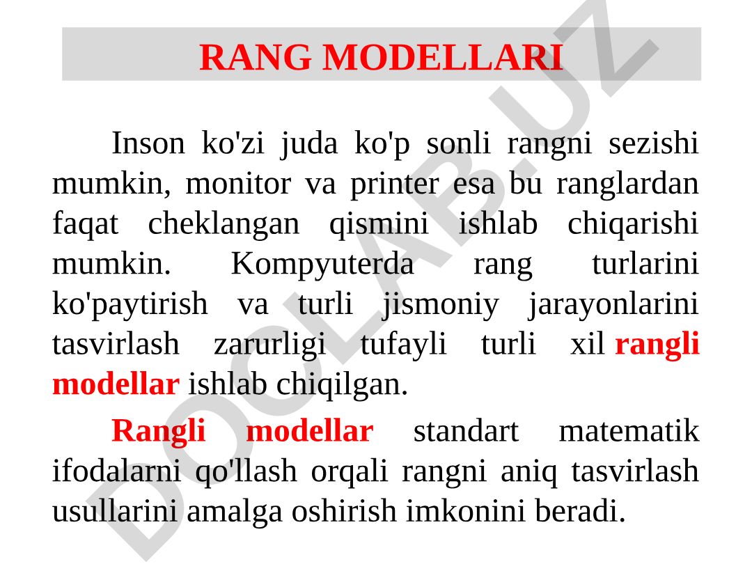 Rang modellari turlari va xususiyatlari