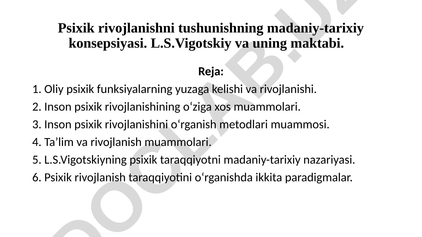 Psixik rivojlanishni tushunishning madaniy-tarixiy konsepsiyasi: L.S.Vigotskiy va uning maktabi