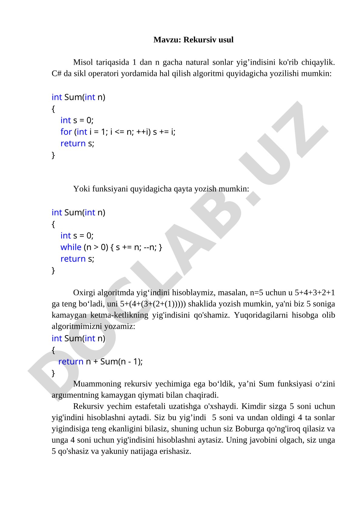 Rekursiv usul dasturlash misoli
