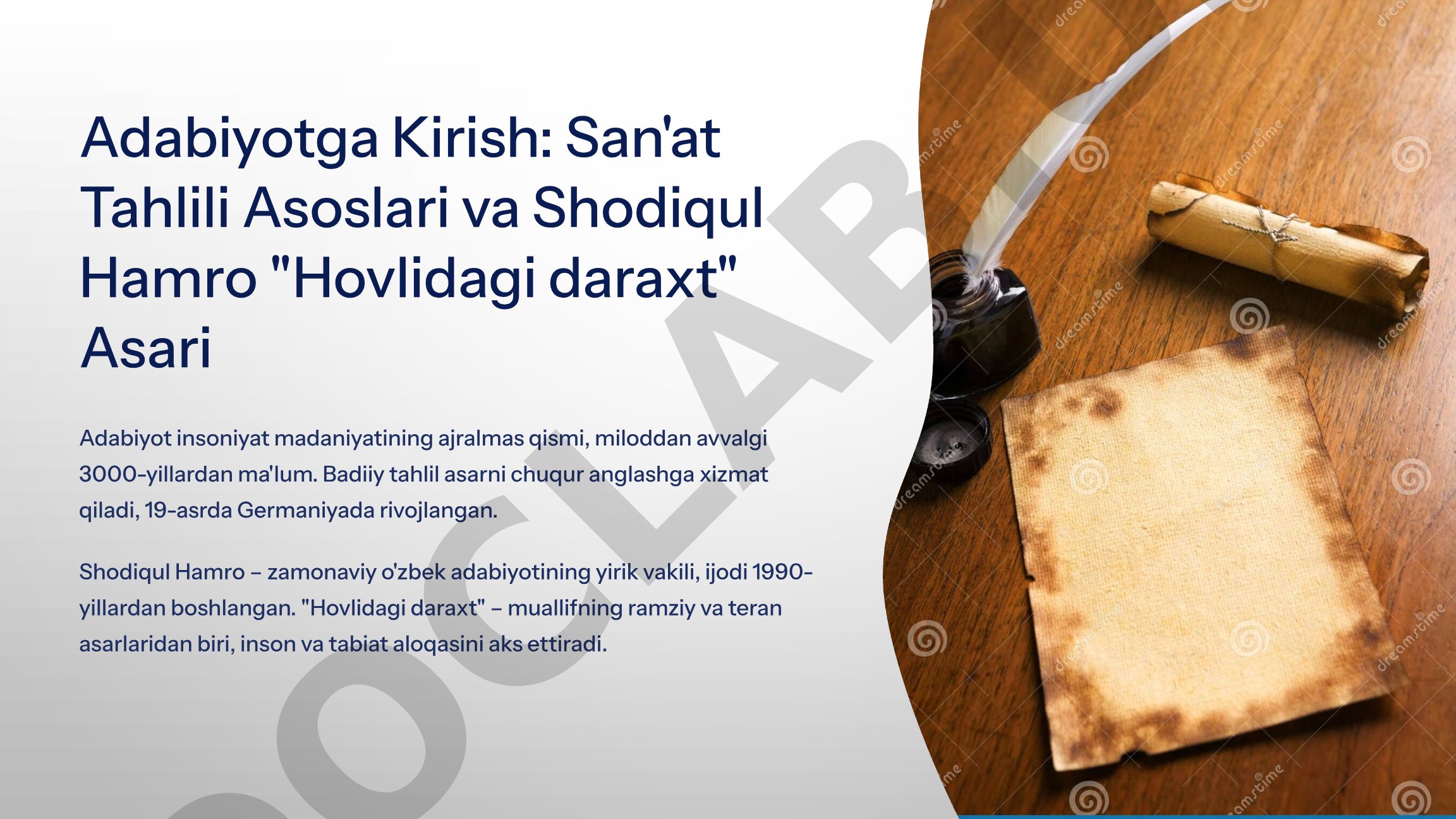 Adabiyotga Kirish: San'at Tahlili Asoslari va Shodiqul Hamro 'Hovlidagi daraxt' Asari