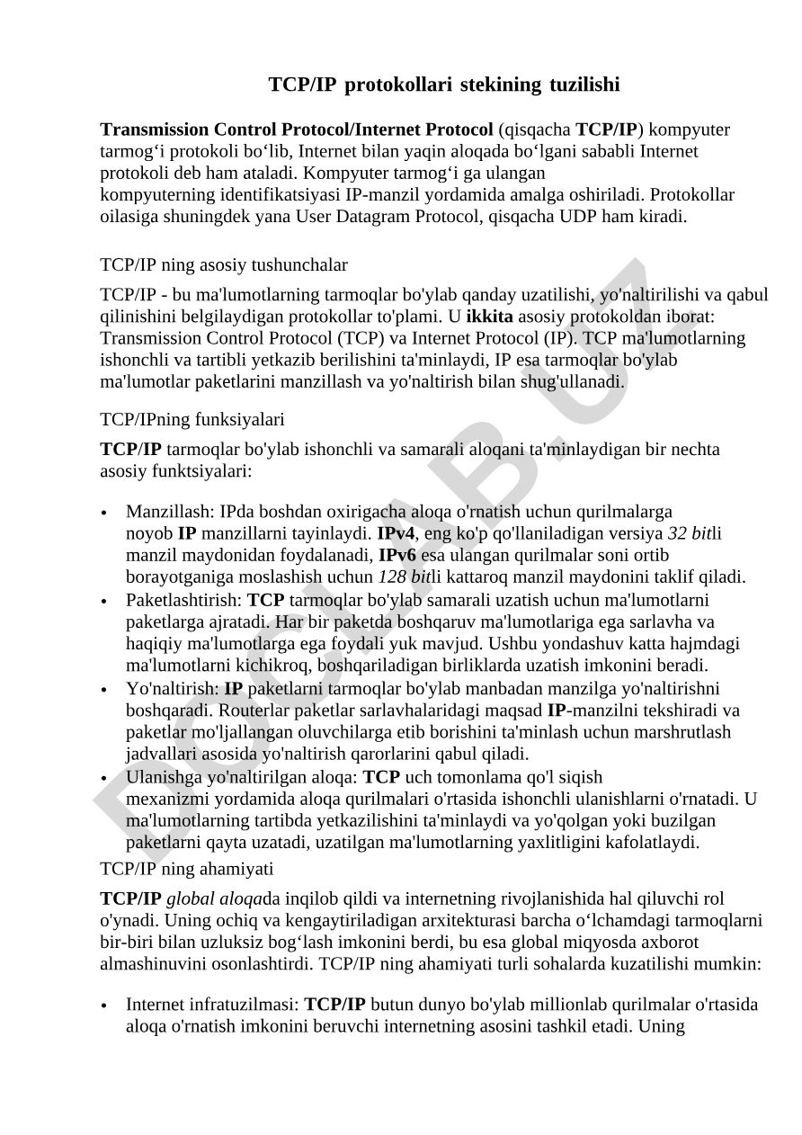 TCP/IP protokollari stekining tuzilishi