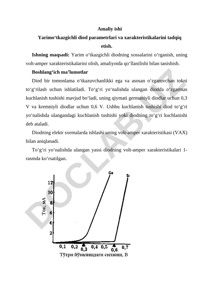 Yarimo‘tkazgichli diod parametrlari va xarakteristikalarini tadqiq etish