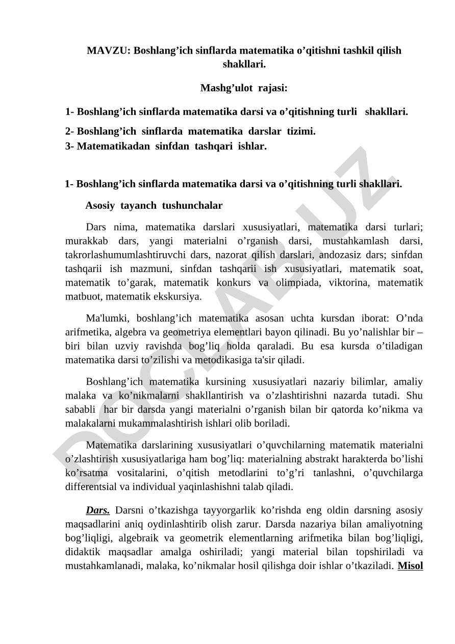 Boshlang’ich sinflarda matematika o’qitishni tashkil qilish shakllari
