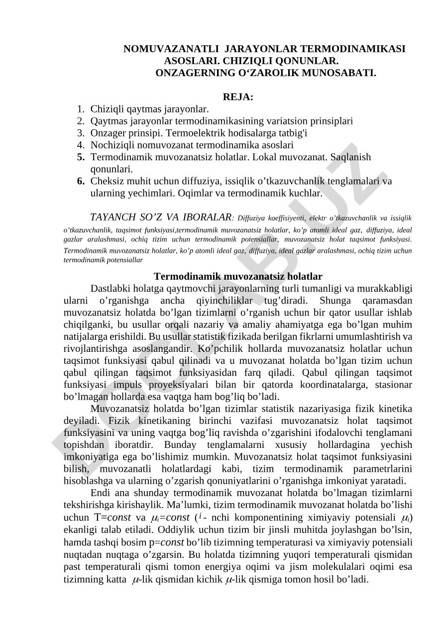 Nomuvozanatli jarayonlar termodinamikasi asoslari