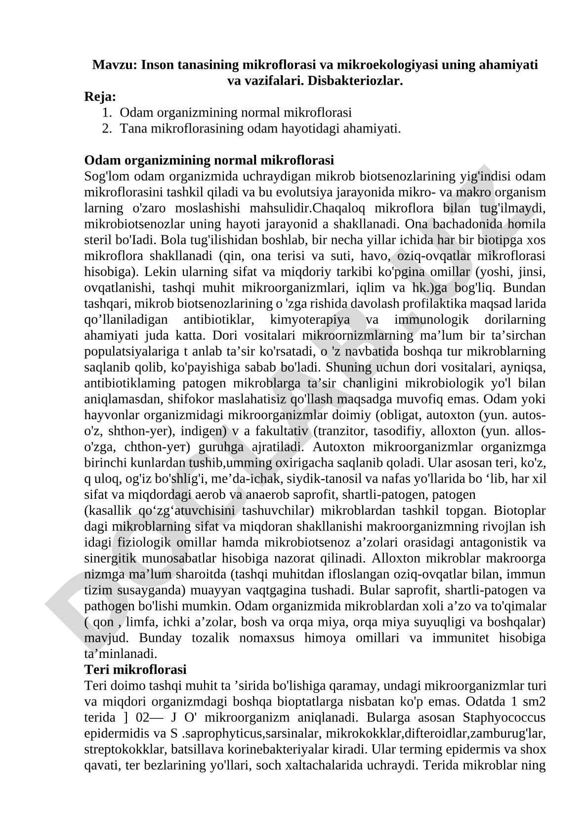 Inson tanasining mikroflorasi va mikroekologiyasi uning ahamiyati va vazifalari. Disbakteriozlar