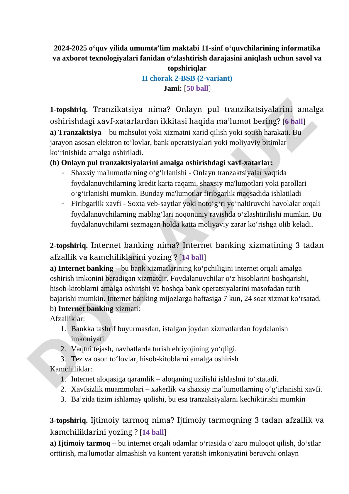 Informatika test topshiriqlari