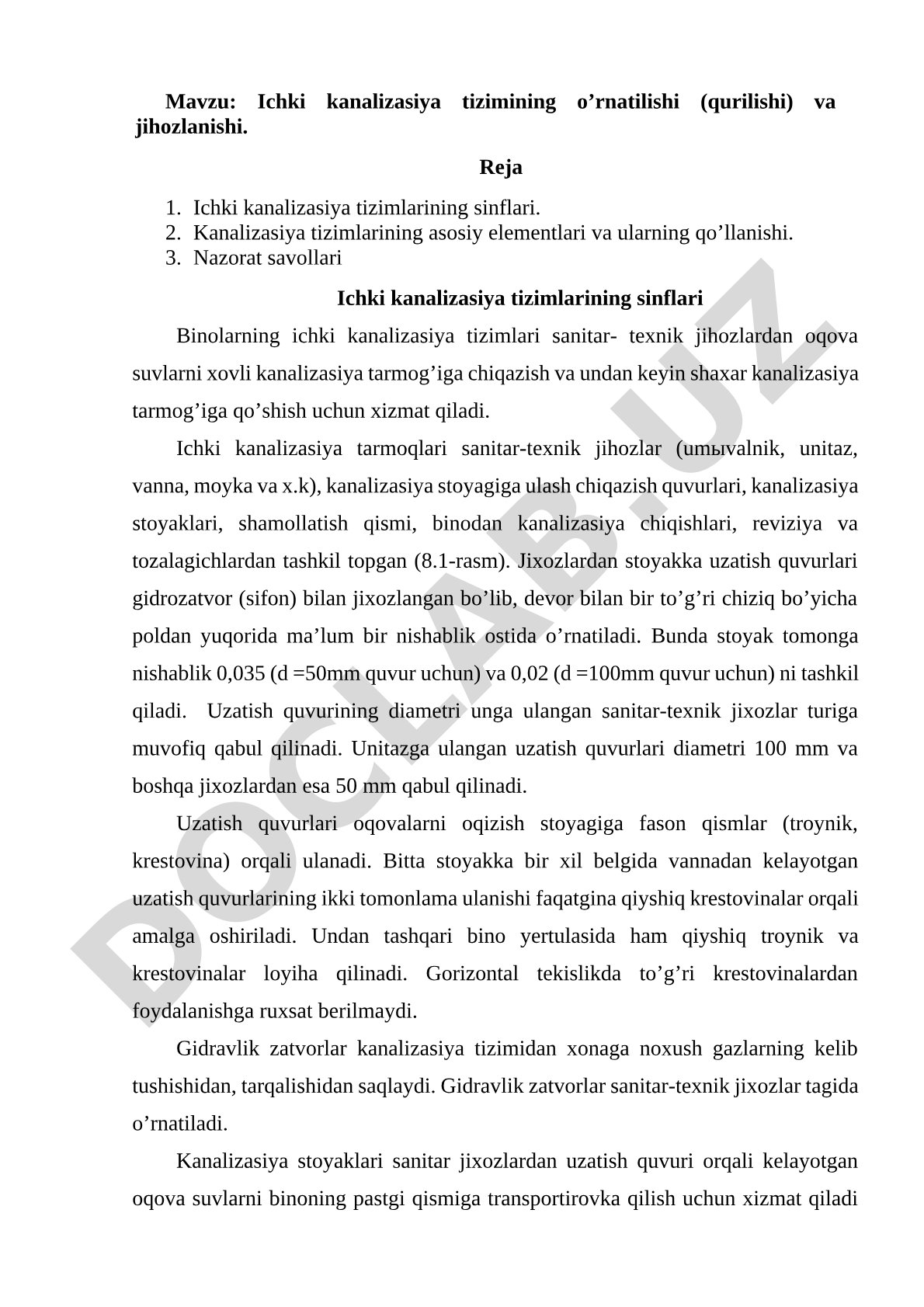 Ichki kanalizasiya tizimining o’rnatilishi (qurilishi) va jihozlanishi