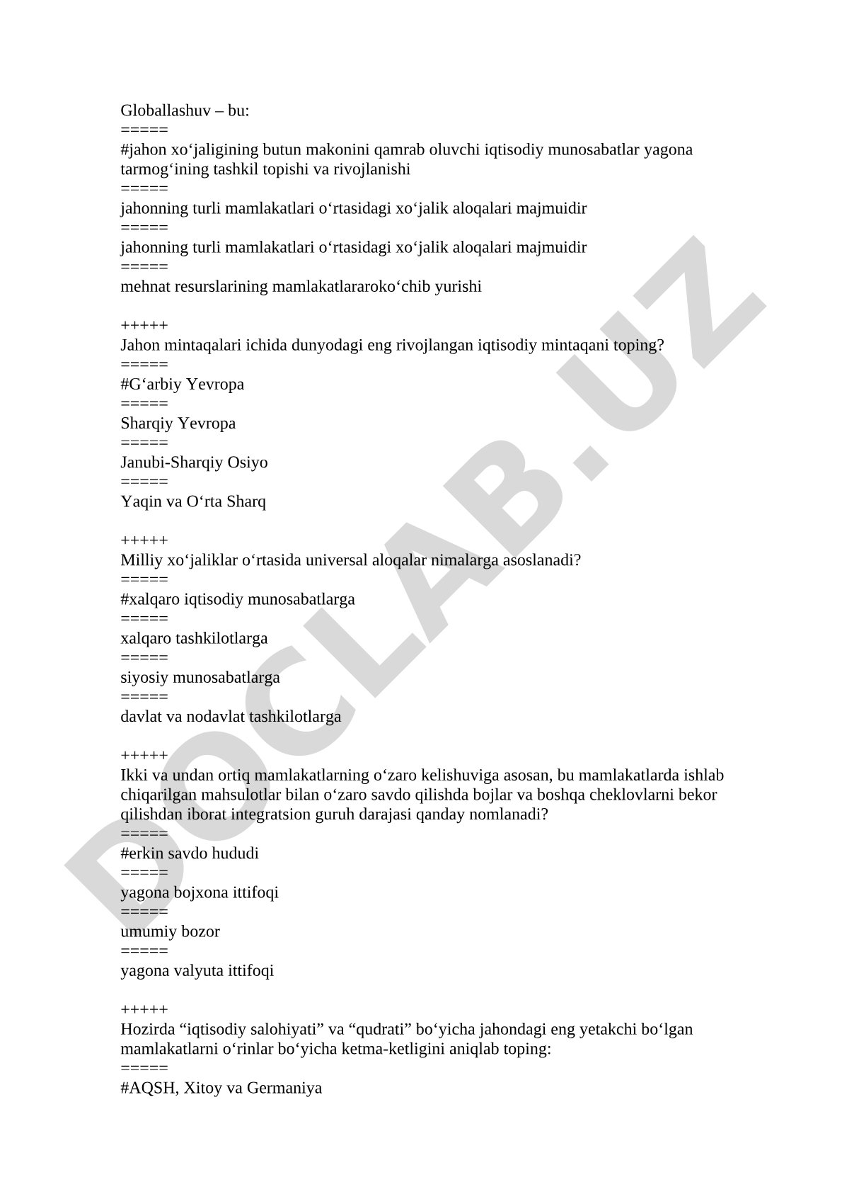 Globallashuv haqida test savollari