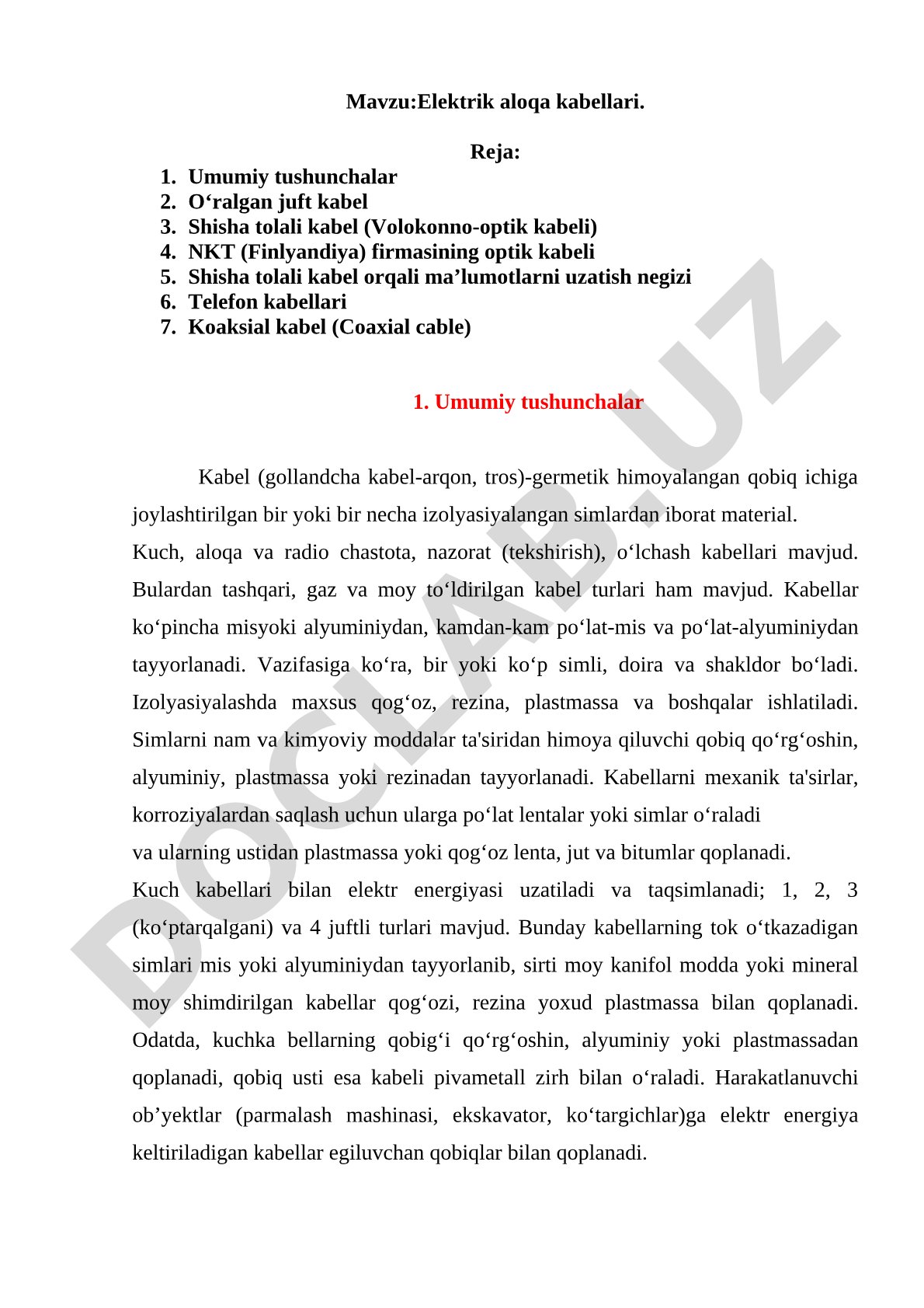 Elektrik aloqa kabellari kurs ishi