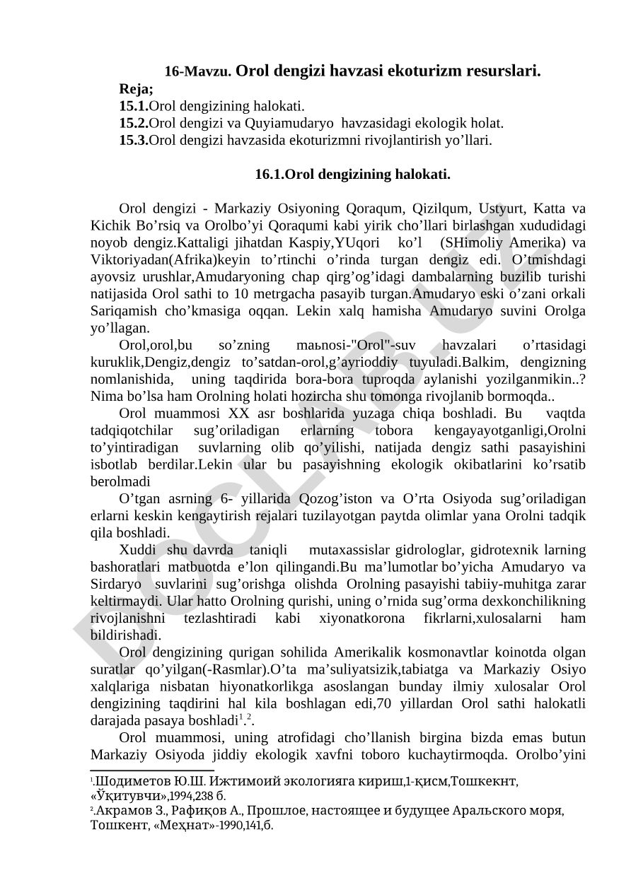 Оrоl dengizi hаvzаsi ekоturizm resurslаri