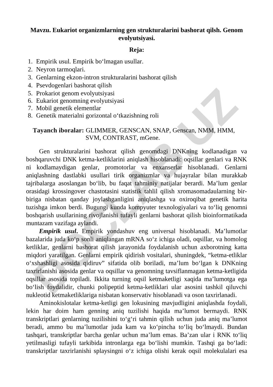 Eukariot organizmlarning gen strukturalarini bashorat qilish va genom evolyutsiyasi