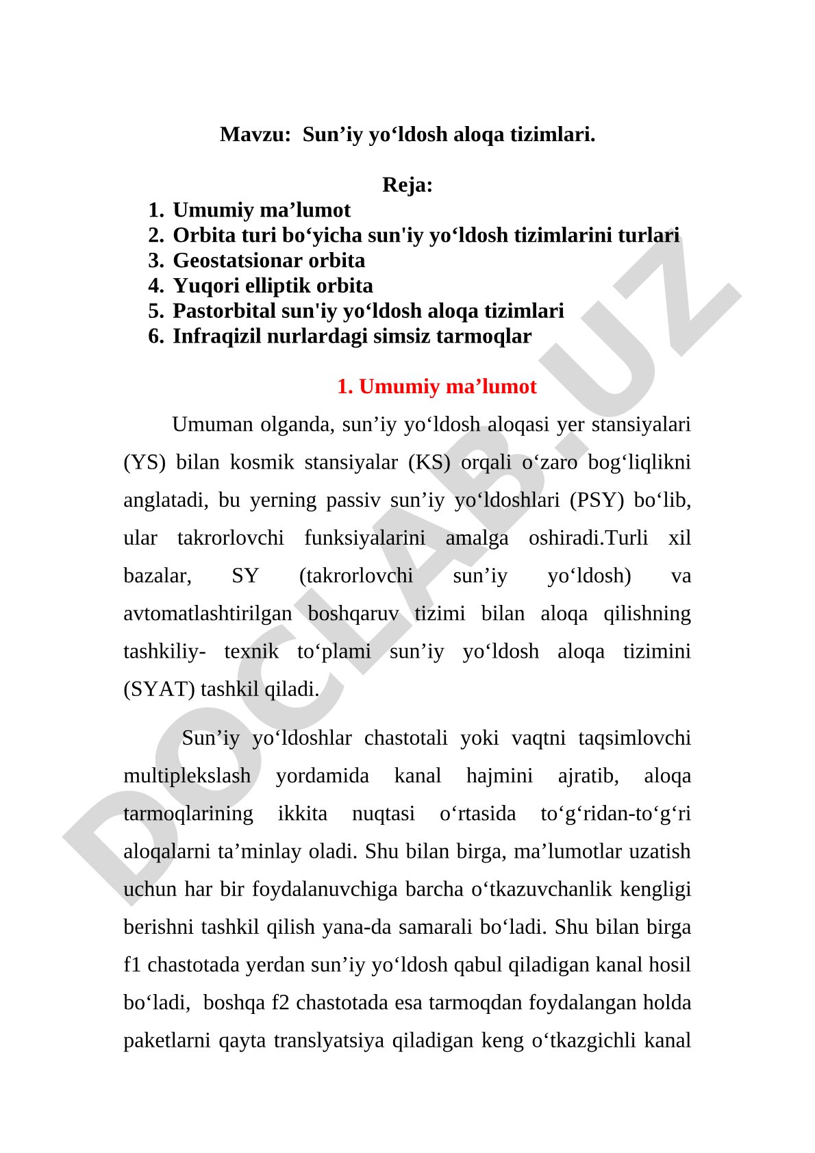 Sun'iy yo'ldosh aloqa tizimlari kurs ishi