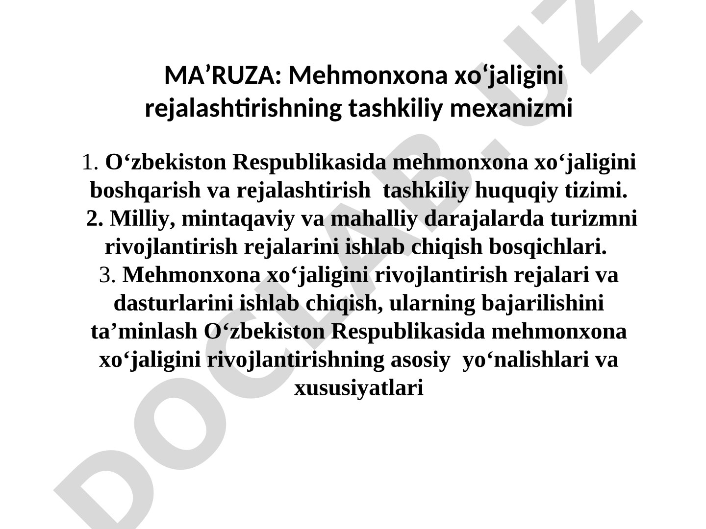 Mehmonxona xo'jaligi rejalashtirish taqdimoti