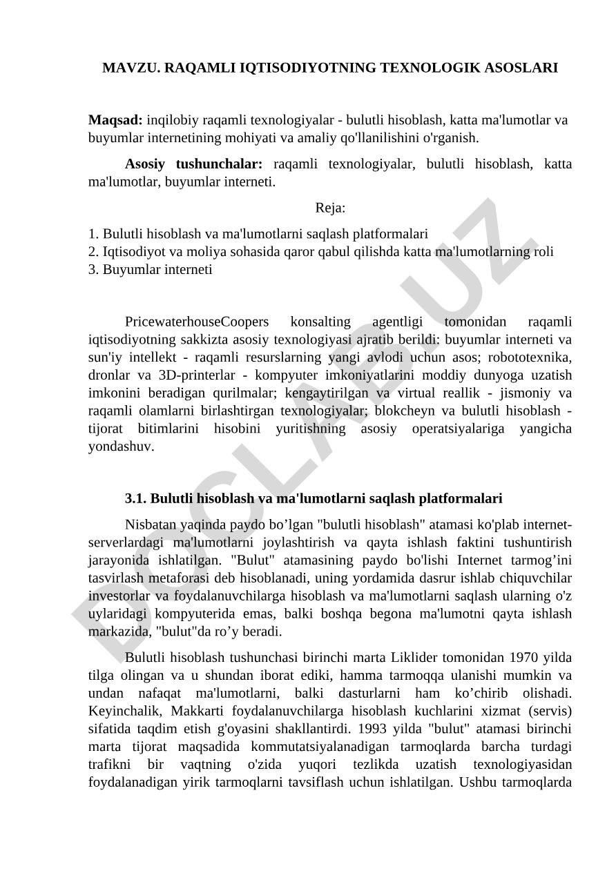 Raqamli iqtisodiyotning texnologik asoslari