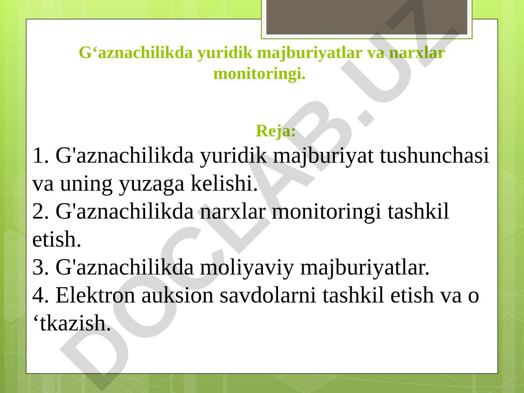G'aznachilikda yuridik majburiyatlar va narxlar monitoringi