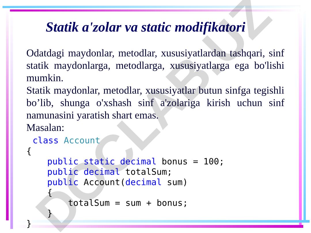 Statik a'zolar va static modifikatori