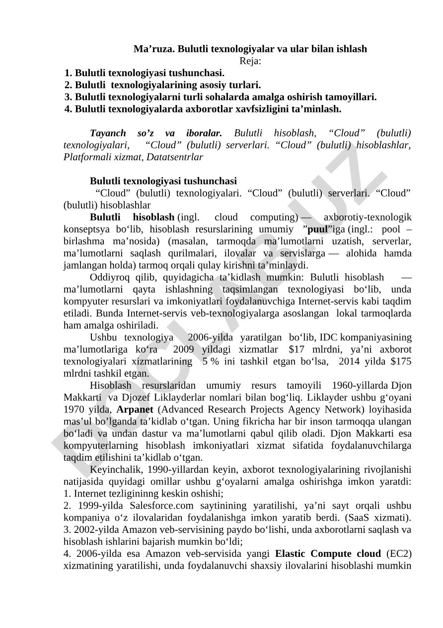 Bulutli texnologiyalar va ular bilan ishlash