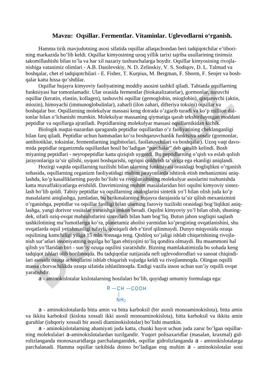 Oqsillar. Fermentlar. Vitaminlar. Uglevodlarni o‘rganish