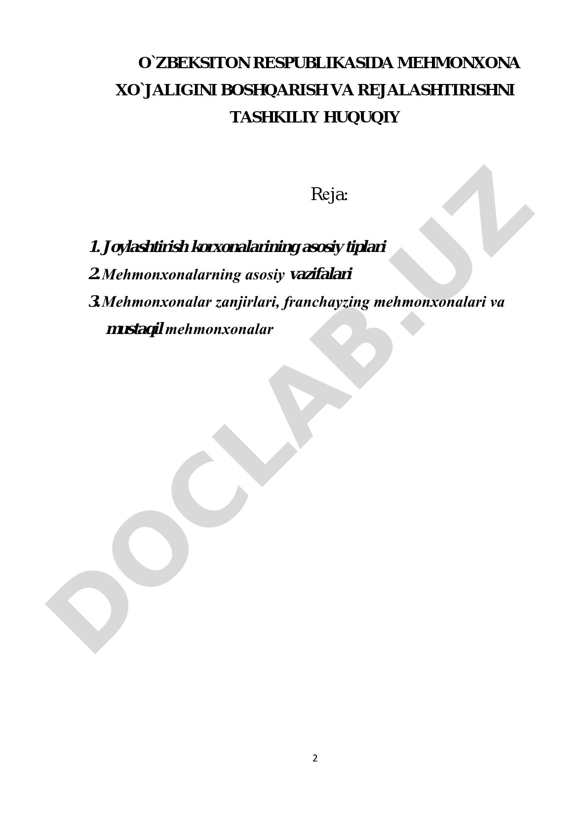 Mehmonxona boshqarish tashkiliy rejasi