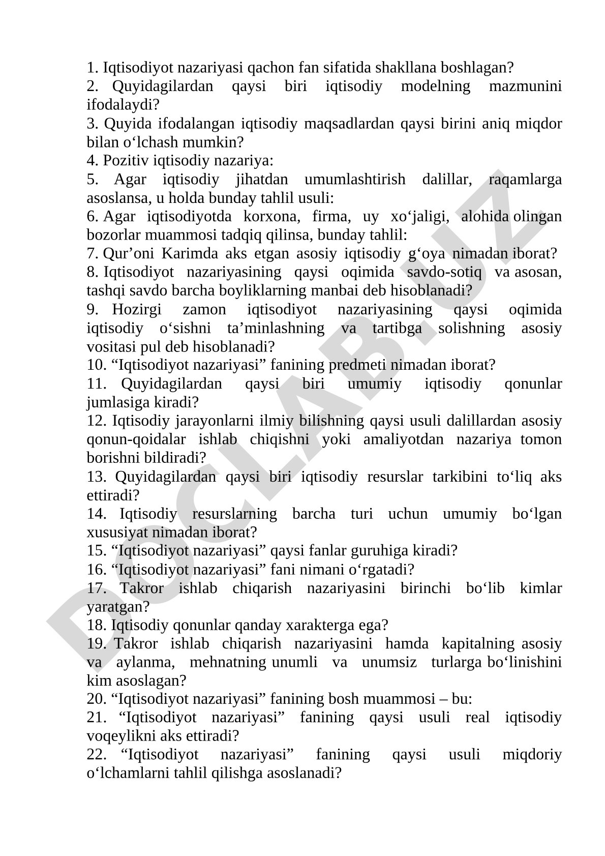 Iqtisodiyot nazariyasi test savollari