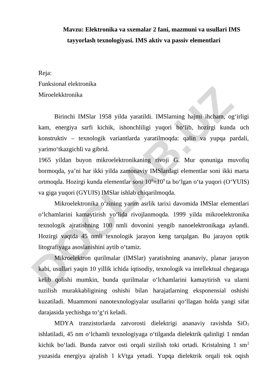 Elektronika va sxemalar 2 fani, mazmuni va usullari IMS tayyorlash texnologiyasi